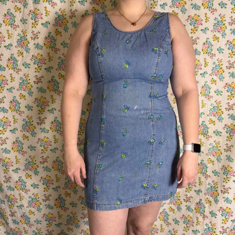 Vintage 90s California Concepts embroidered denim mini dress size 12